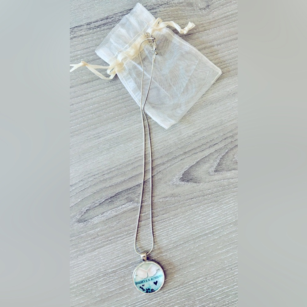 SILVER TONED NECKLACE With Circle Pendant, Adjustable 9”-10”, Believe & Achieve!